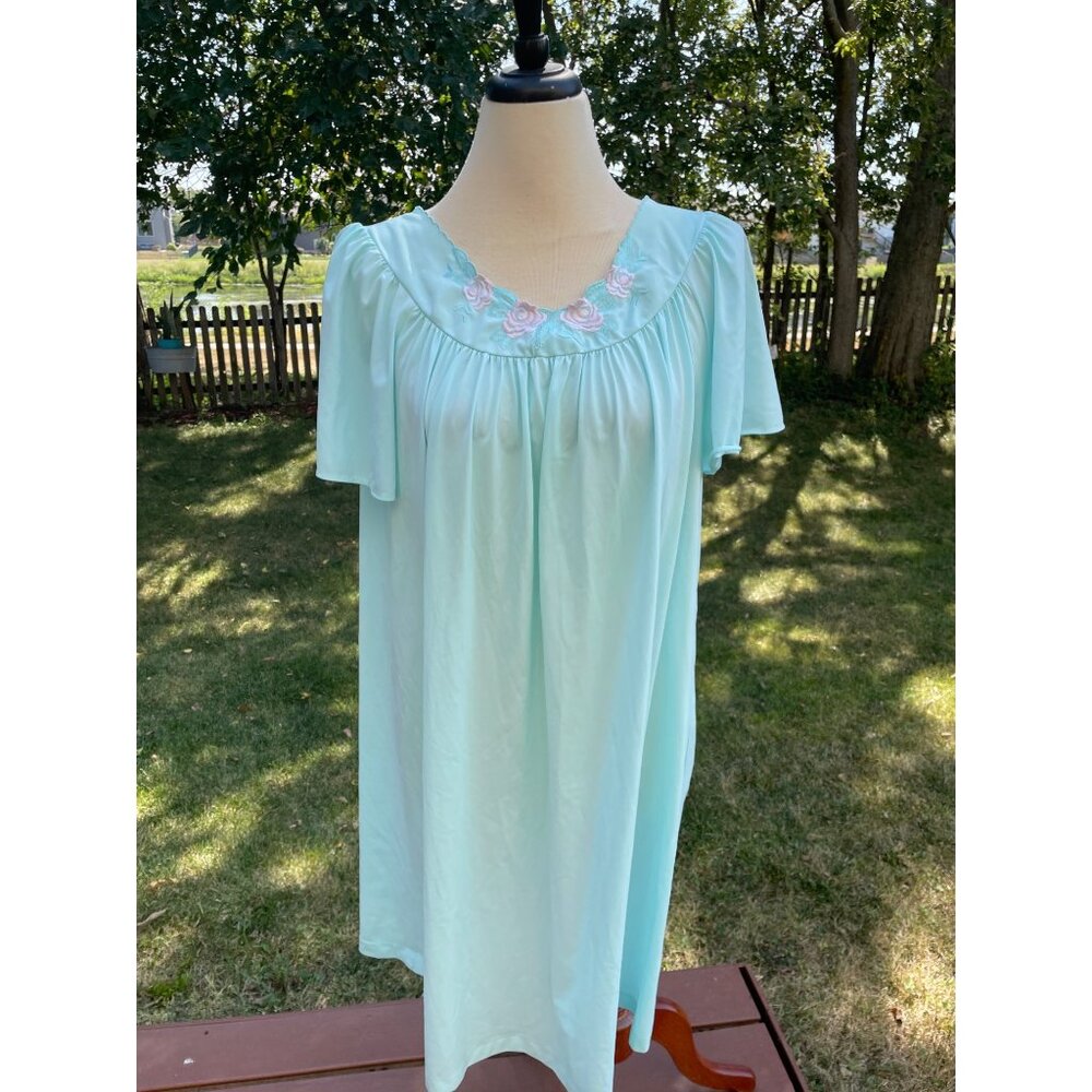 Shadowline Aqua Blue Floral Embroidered Nylon Nightgown 1X